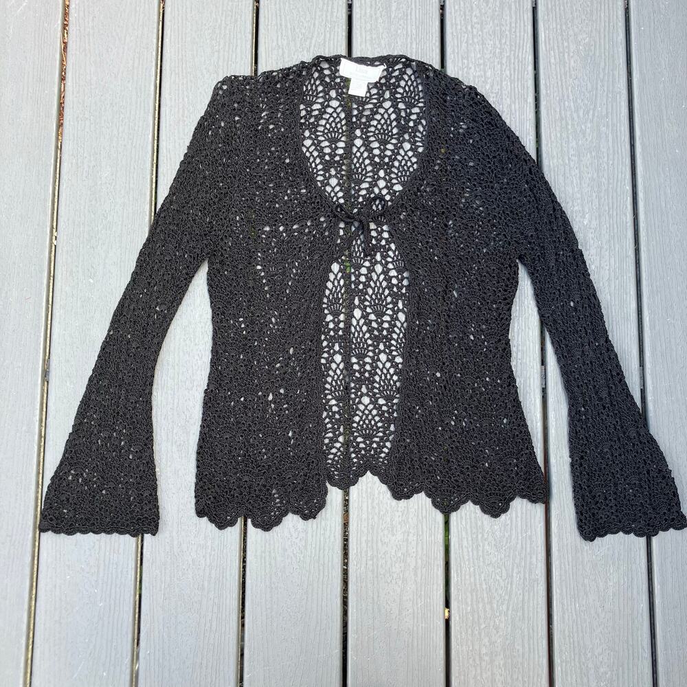 Black crochet cardigan with front tie, cottagecore coquette whimsigoth Y2K boho